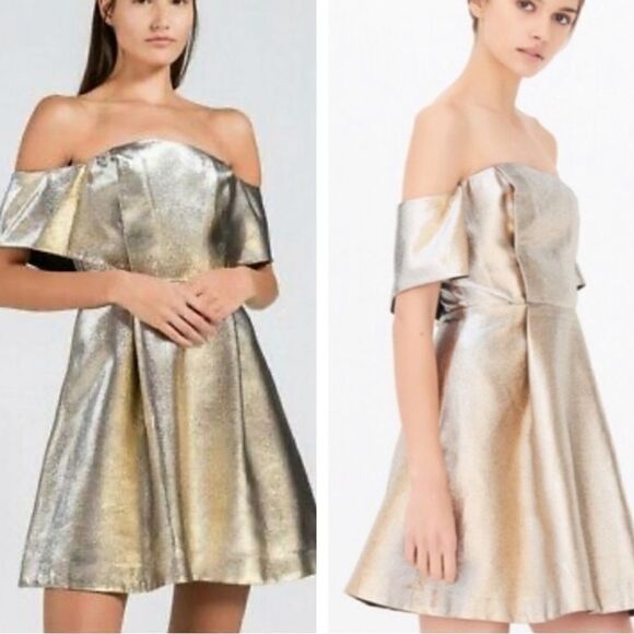 Sandro Womens Gold Off The Shoulder  Mini Dress - Picture 1 of 9
